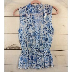 Olivaceous Blue White Floral Toile Smocked Peplum Blouse SR23-228LTH NWT Large